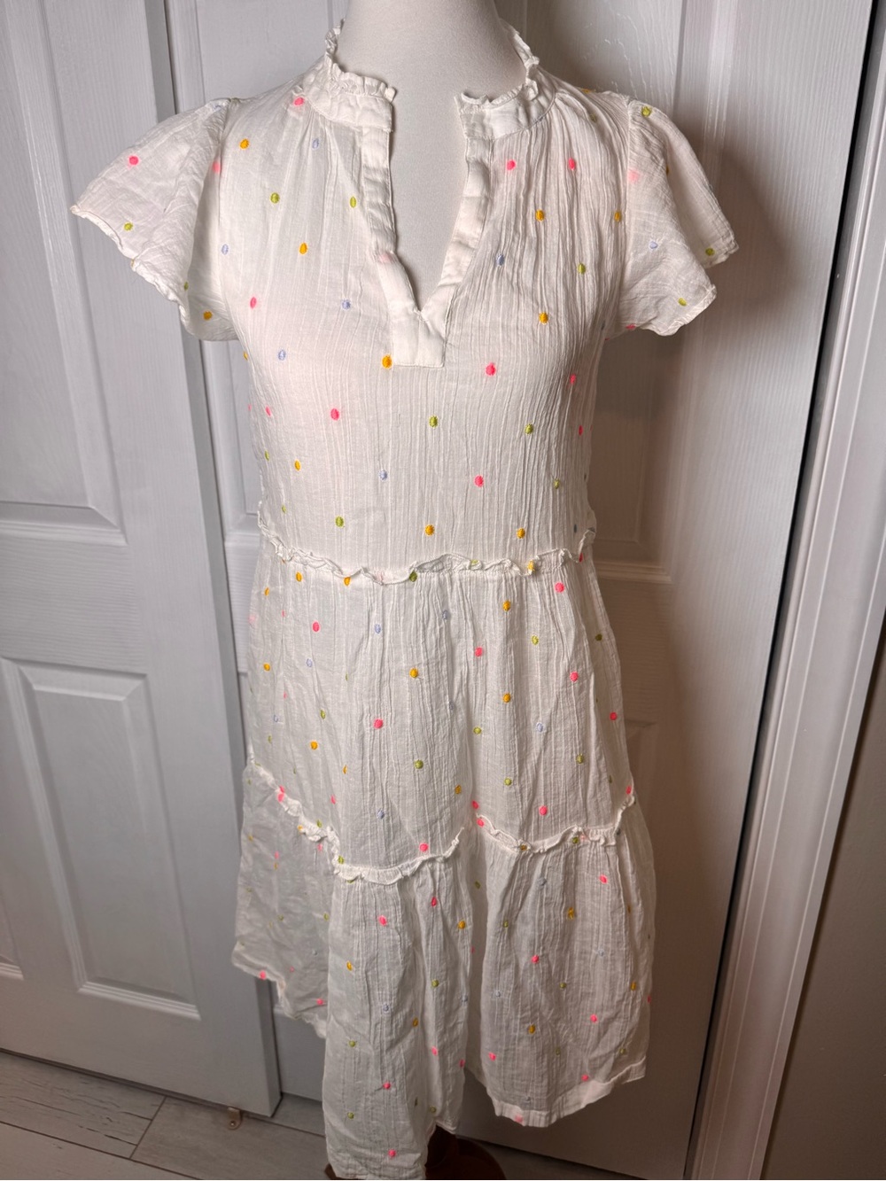 Anthropologie LyreBird Tiered Flutter-Sleeve Mini Dress Polka Dot Size Small